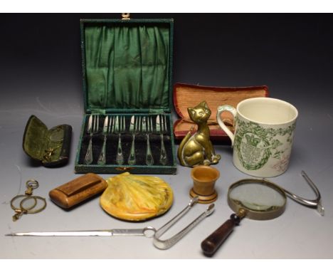 A pair of silver wishbone sugar tongs, Birmingham 1935; rolled 12ct gold framed spectacles; lorgnettes; leather corers, cobbl