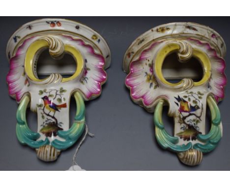 A 19th century Berlin Rococo bracket, painted with birds and insects; another, a/f