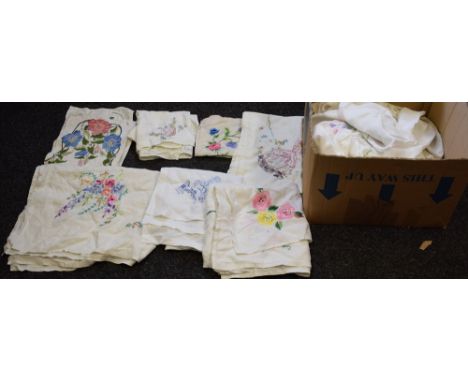 Textiles - hand embroidered linen tablecloths including crinoline lady, English country garden flowers 