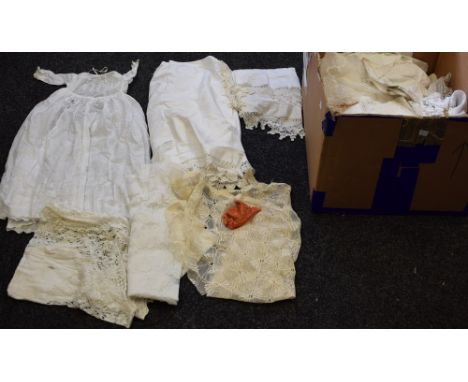Textiles - Lace trimmed linen; others, Christening gown, tablecloths, embroidery, crochet work, etc