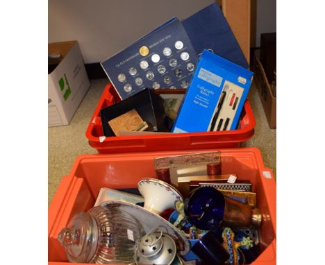 Boxes and objects - postcards mainly international topographical, portraits; gramophone needle tins; crystal chandelier drops