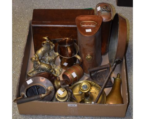 A 19th century copper powder flak, by Batram & Co., c.1840 (faults); a 19th century copper kettle; copper warming flasks (2);