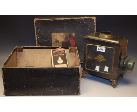 A Bavarian tin plate magic lantern, original box, and 20 painted lantern slides, depicting cartoons, classical characters etc