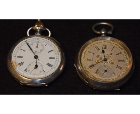 Pocket Watches - a George V silver open face pocket watch, gold inlaid floral dial, Roman numerals, minute track, subsidiary 