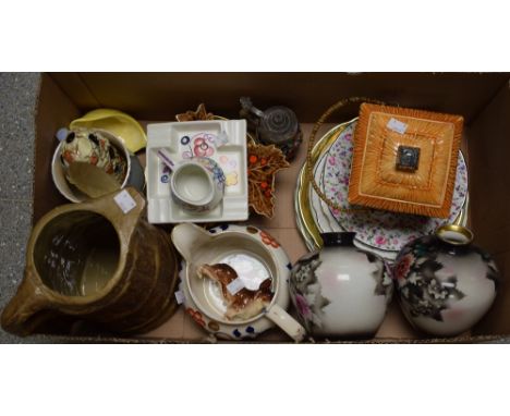 Ceramics - A Beswick Ware cottage biscuit barrel; a Poole Pottery floral pattern jug; another, ashtray; a pair of Palissy vas