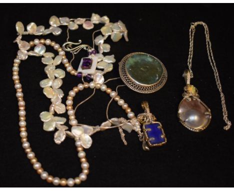 Costume Jewellery - silver and pearl necklace; brooch/pendant containing Roman glass; blister pearl necklace; etc