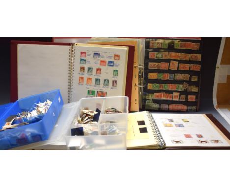 ** Stamp /stamps  Red album Swiss stamps, white polythene box with many mixed stamps,  blue polybox large quantity mixed unso