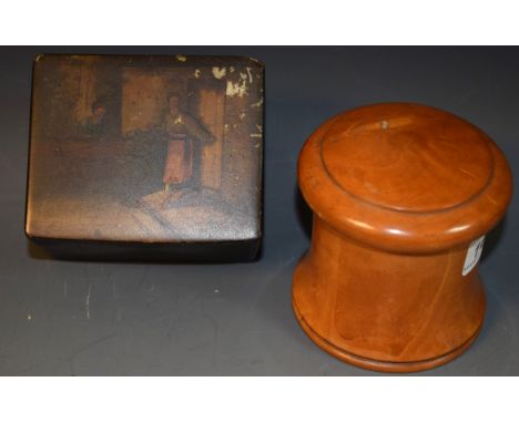 A Victorian rectangular painted papier mache tea caddy, cover painted with a girl on garden steps, 10cm wide;  a wasted birch