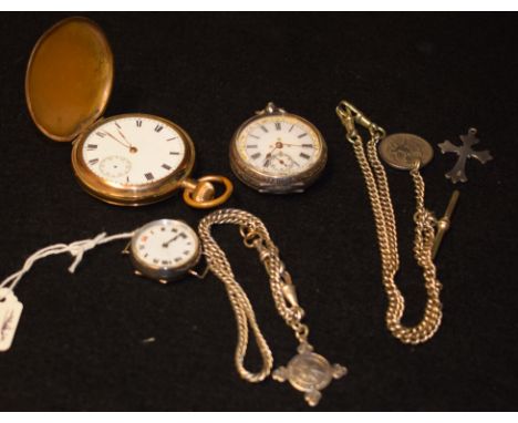 Watches - an Elgin gold plated Hunter pocket watch; a Continental 800 grade silver lady's fob watch, Albertina chain; cross p