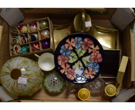 Collectables - an Art Deco brass standish; a Clarice Cliff Crocus poattern salt and pepper; a millefiori paperweight; a cut g