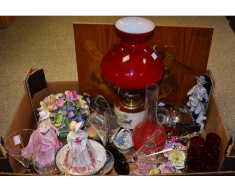 A set of five Art Deco style 1950s drinking glasses; an EPNS three piece tea service; a pair of marquetry panels; a table lam