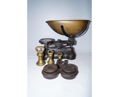 Set of large cast iron balance scales &amp; weights