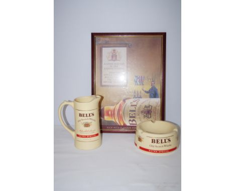 Bells wade ashtray &amp; jug together with a advertising print