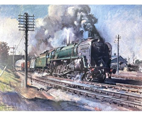 Transport - Railways. Terence Cuneo, framed and glazed pictures (x2).Comprising: "Autumn of Steam" 9F 2-10-0 no. 92245 at Sou