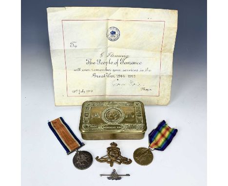 World War I Medals and Memorabilia - Penzance interest.Lot comprises a First World War Pair of Medals awarded to Gnr. M.T. Ol