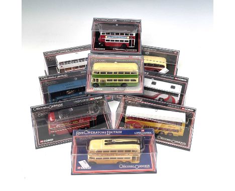 Corgi Original Bus Company 1:76 Scale Buses and Coaches.A box containing 9 mint boxed die cast models including: London Trans
