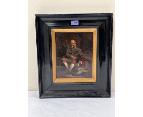EUROPEAN SCHOOL Gentleman seated with sleeping boy. Oleograph on copper panel 10½' x 8½' 