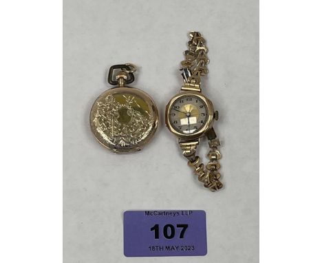 A 9ct hunter cased fob watch and a 9ct lady's wristwatch with yellow metal bracelet. Fob watch glass lacking