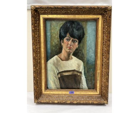 A Victorian gilt gesso picture frame with oil portrait. Frame aperture 24' x 18'