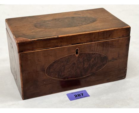 A George IV burr yew inlaid tea caddy. 8' wide. Interior gutted
