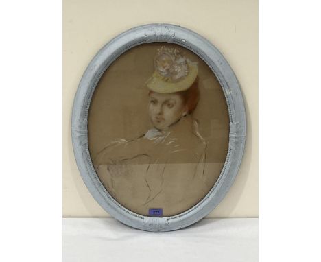EDITH MARY JELLEY. BRITISH 19TH CENTURY  Portrait of a lady in a yellow hat. Inscribed verso. Pastel on paper 19' x 15' oval 