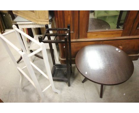 Oak square stick stand plus a white painted towel rail & a circular table