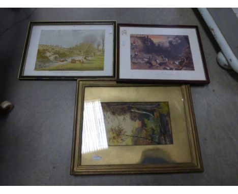 Two paintings of Stags in a rural setting, a Snaffles hunting print and one other