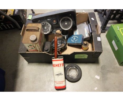 Box of assorted car related items including vintage oil cans
