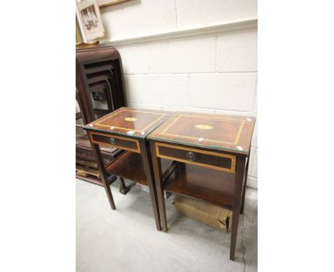 Pair of inlaid mahogany side table with glass tops, single drawers & shelf below