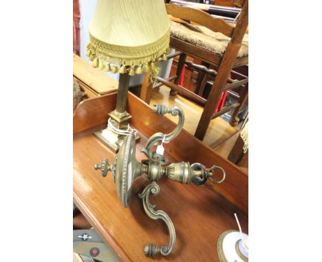 Brass table lamp with Corinthian column & square base plus a gilt metal three branch hanging light fitting