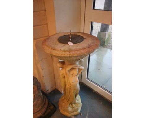 Reconstituted stone garden sundial, the column in the form of three maidens