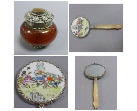White metal hand painted Chinese hand mirror and Amber trinket box