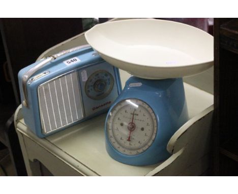 Retro 'Dansette' pale blue radio and a set of retro 'Salter Challenge' pale blue scales    