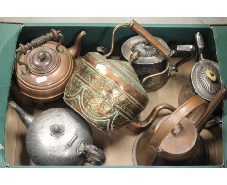 Six vintage copper and plated kettles, teapots etc