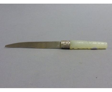 Oriental white metal knife with a carved Jade handle