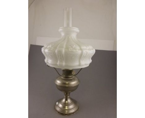 Early 20th C chrome oil lamp with opaque glass shade