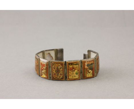 Early 20th C Persian panel bracelet decorated with painted enamel mother of pearl figurative and animal scenes