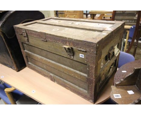 Large early 20th Century wooden & iron bound travelling trunk marked R.E.H Nelson  