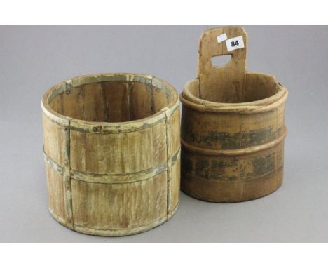 Two vintage wooden bound kitchen pots plus a metal work tin