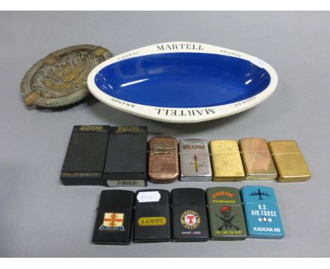 Collection of lighter including four Zippo's and eight others, Mastell Cognac ceramic ashtray and brass ashtray