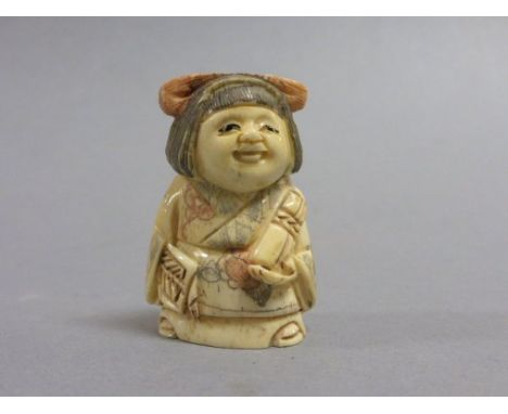 Signed Oxbone Netsuke of a Lady with fan