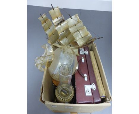 Vintage Antler small suitcase, Horn model of a boat, wooden ice bucket, wooden pot and 2 napkin rings, 1935 Jubilee book and 