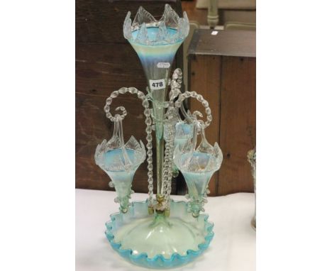 19th C blue tinted glass epergne with central trumpet & twisted glass stems holding three glass baskets