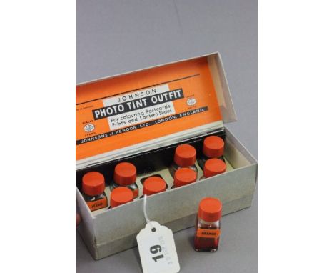Boxed Johnson Photo Tint Outfit (for colouring postcards, prints and lantern slides) complete but some bottles empty