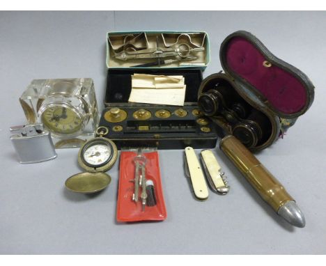 Trench Art lighter in the form of a bullet, a compass, set of weights, penknives etc 