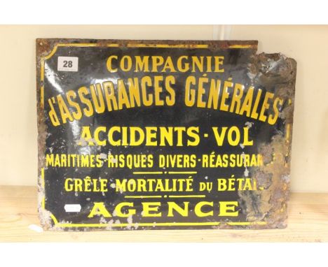 1920's French enamel insurance sign advertising maritime risk yellow wording on black background 40x30cm