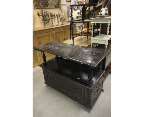 Early 20th C dark oak carved monks bench