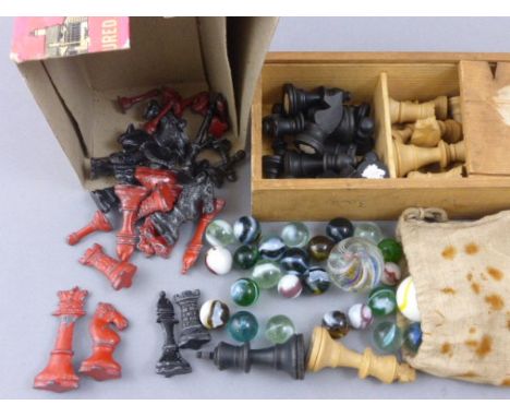Group of glass marbles, boxed wooden Chess set plus a vintage lead Chess set