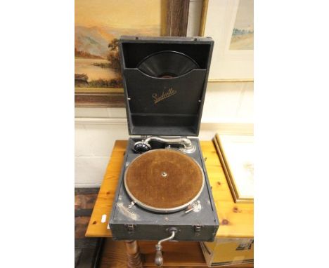 Antique Sackville (c1913) wind up gramophone with a gold ring Luxus sound box plus a collection of 78s records in working ord