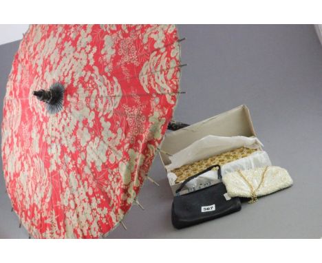 Early 20th C Japanese parasol with bamboo handle plus two vintage evening bags and a small Dutch handbag